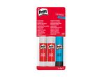 Three glue sticks, two classic and one blue, in a clear package.