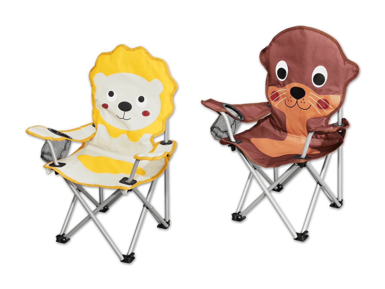 Zwei zusammenklappbare Kinderstühle mit niedlichen Tiermotiven (Eisbär und Otter).