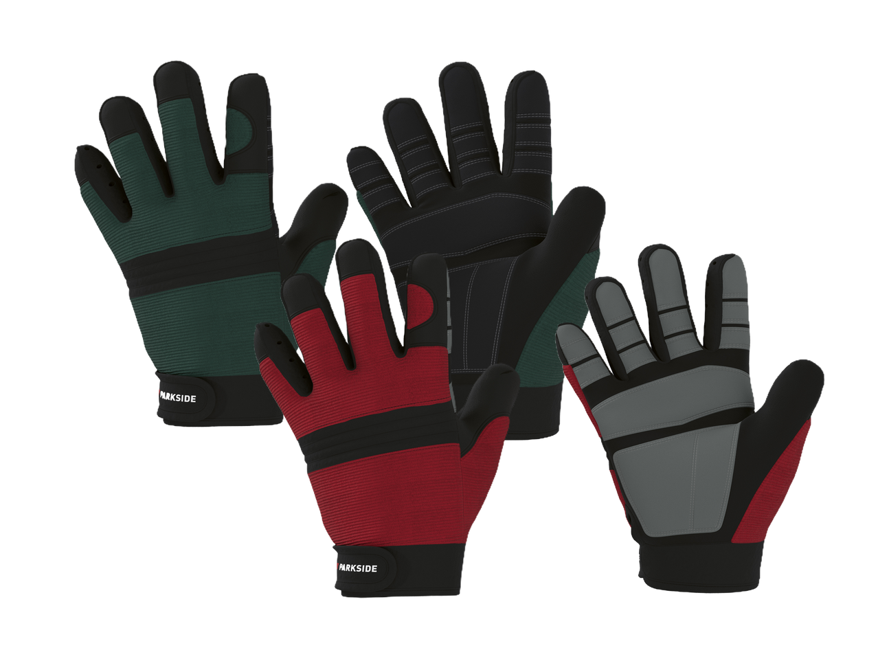 Tri para radnih rukavica u zelenoj, crvenoj i sivoj boji.