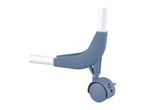 Close-up of a blue plastic caster wheel attached to a white and blue frame.