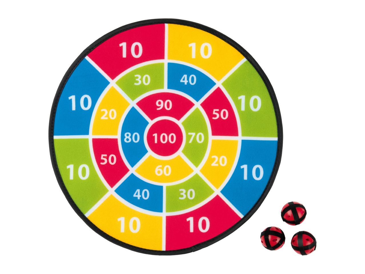 Colorful dartboard with numbers and three red balls with black straps