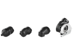 Quatro acessórios de ferramentas pretos, incluindo aparafusadora, angular e serra circular.