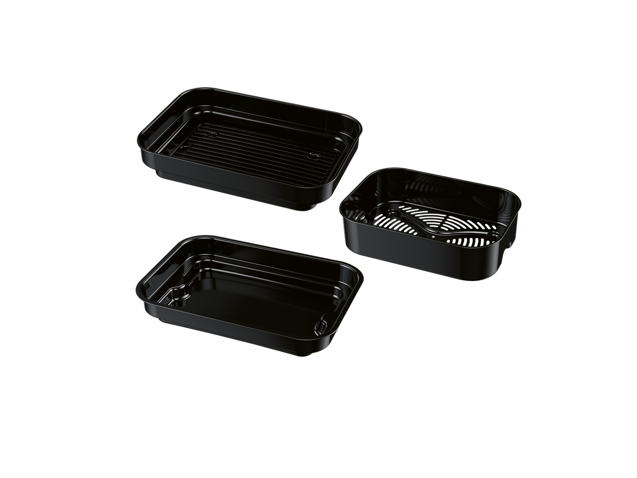 Τρία μαύρα πλαστικά δοχεία τροφίμων.