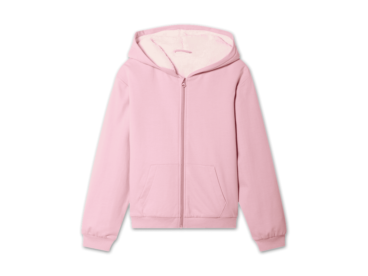Rosa Mädchen-Sweatjacke mit weichem Teddyfutter in der Kapuze.