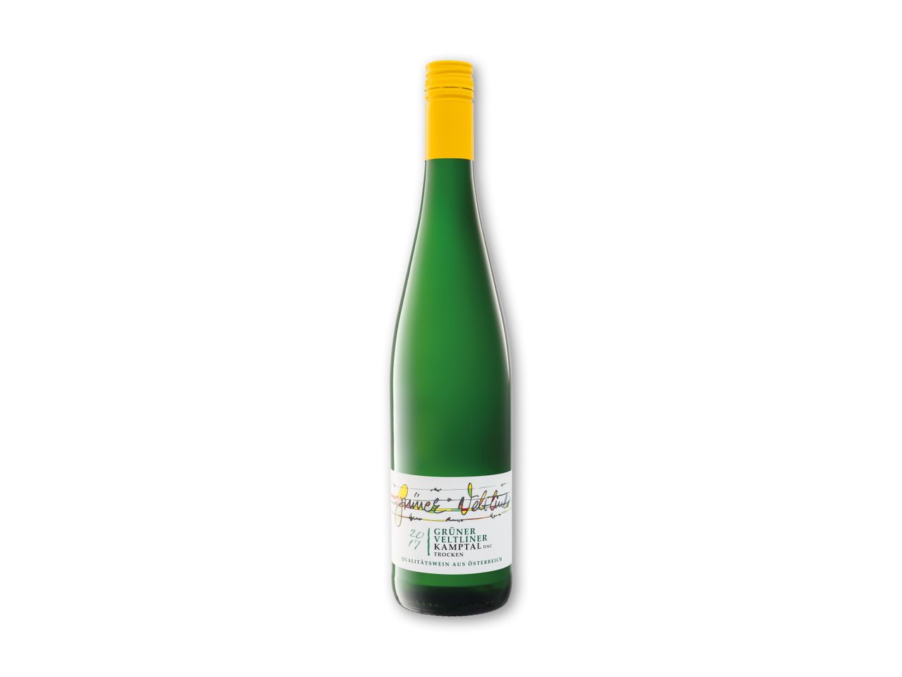 Grøn vinflaske med gul skruelåg og hvid etiket med farverig skrift.