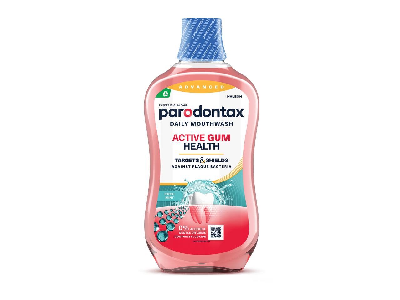 Apă de gură pentru sănătatea gingiilor, cu mentă proaspătă, fără alcool și cu fluor.