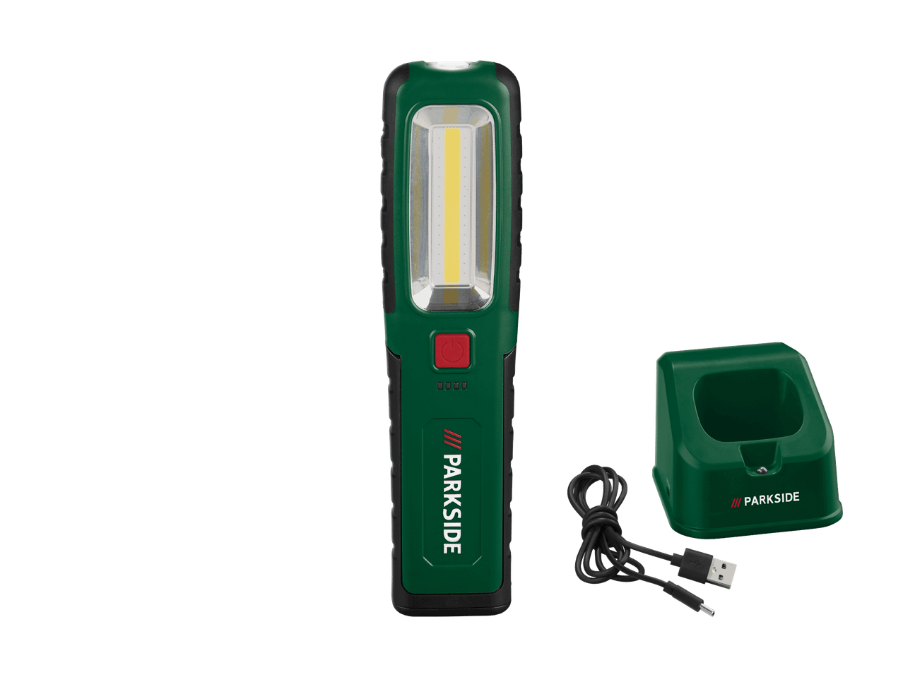 Grüne LED-Arbeitsleuchte mit Ladestation und USB-Kabel