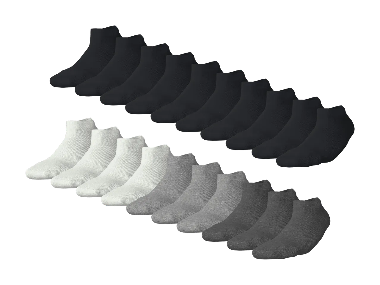 Lot de chaussettes de sport basses en noir, blanc et gris.