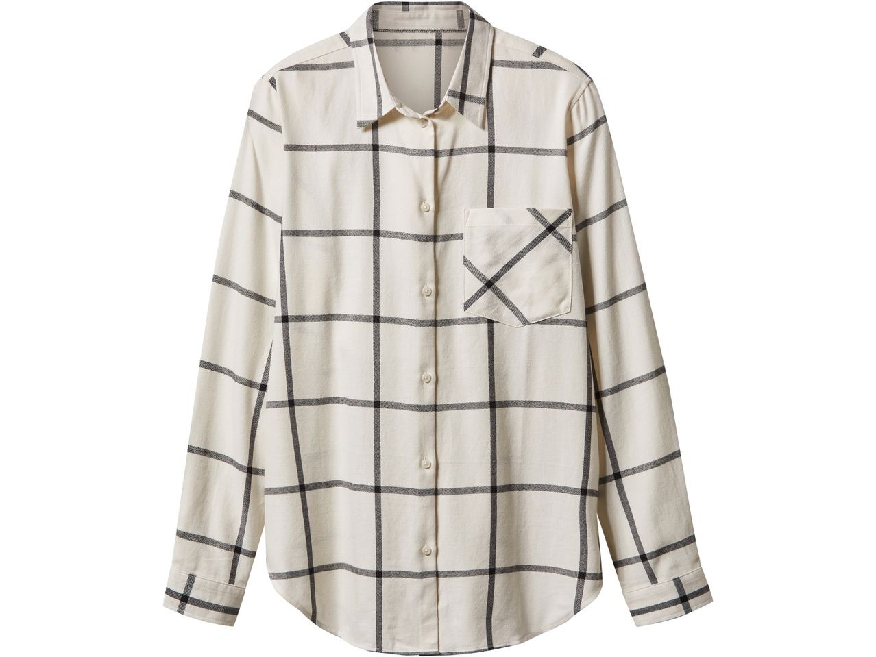 Camicia a quadri bianca e nera con maniche lunghe e taschino sul petto.
