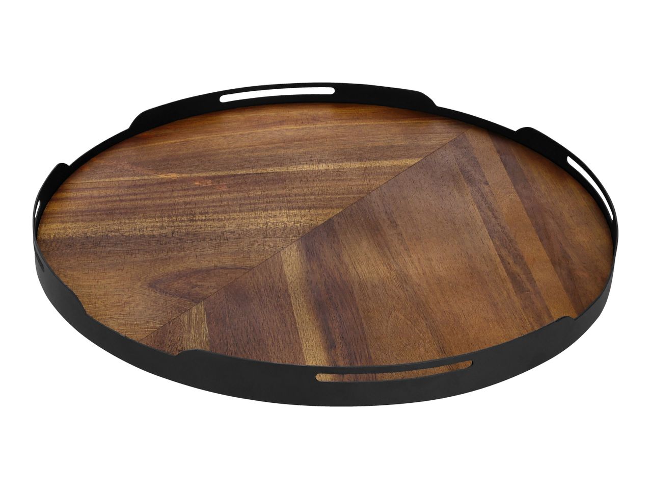 Round wooden serving tray with a black metal rim and handles, featuring a herringbone pattern.