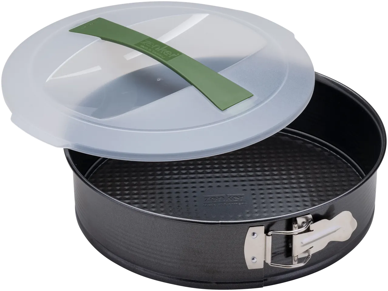 Zenker cake container with a springform pan and a clear lid with a green handle.