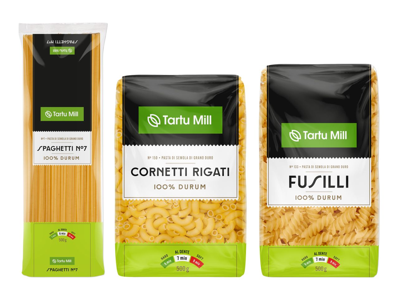 Kolm pakki Tartu Milli pastat: spagetid, cornetti rigati ja fusilli.