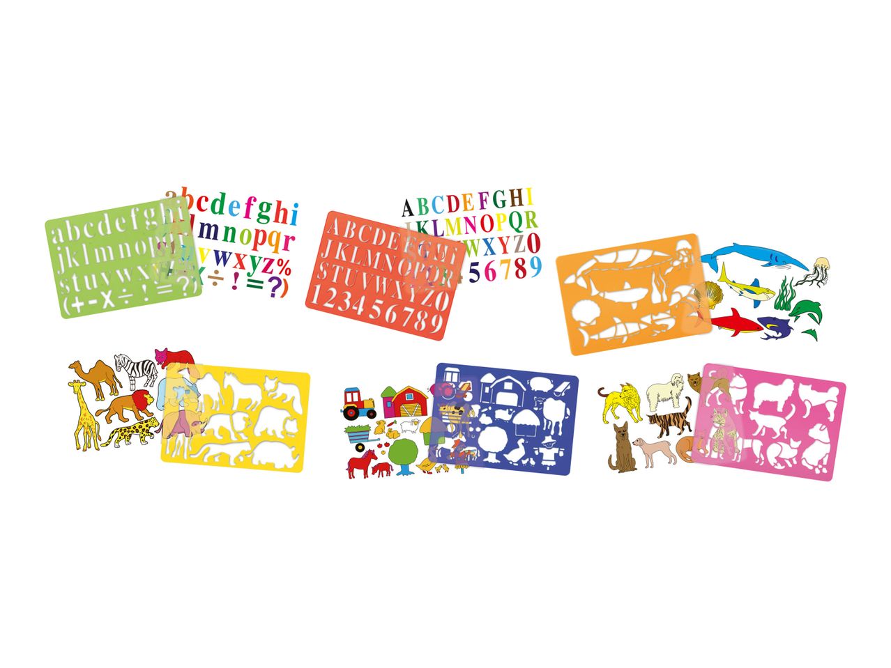 A set of colorful stencils featuring alphabets, animals, and sea creatures for kids' art projects.