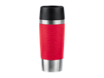 Tefal Travel Mug with a red silicone sleeve featuring coffee-themed text and designs.