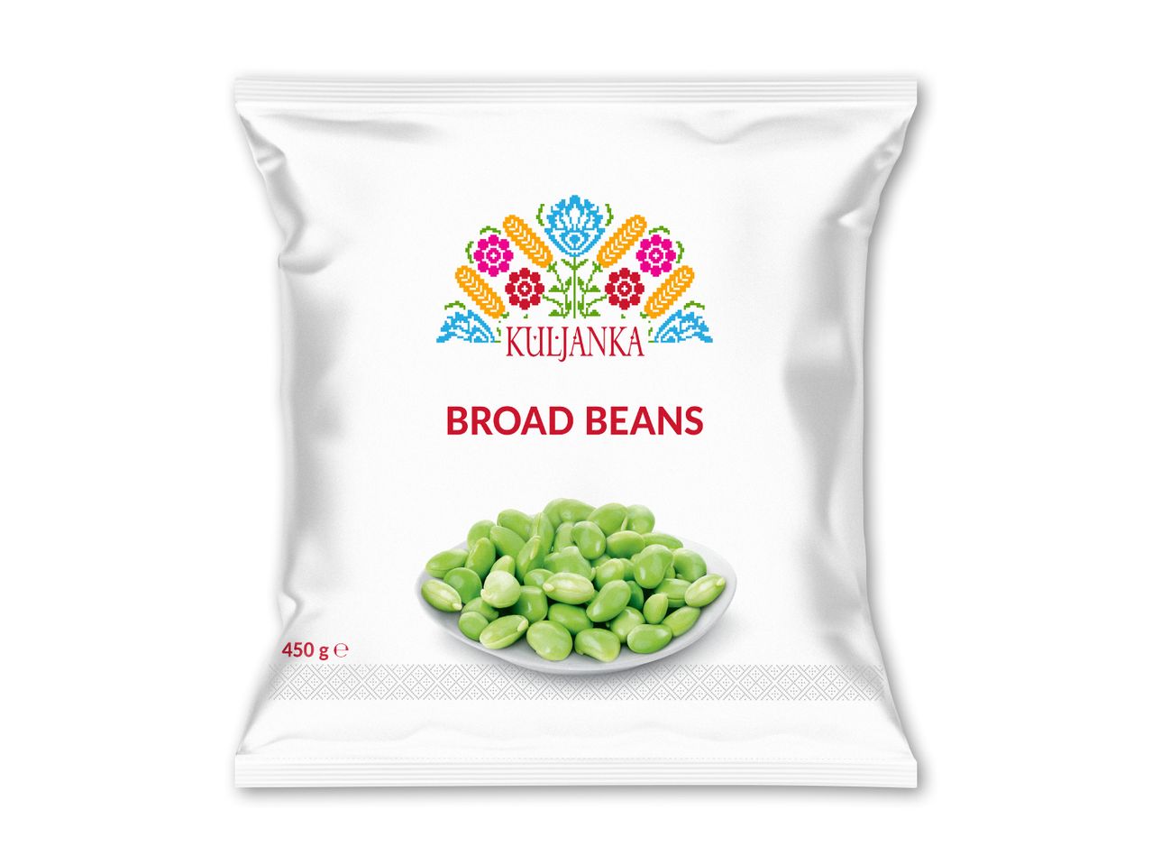 Hvid pose med bredbønner, mønster og teksten 'BROAD BEANS'.