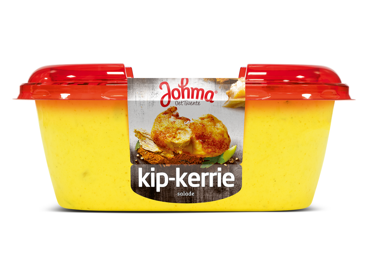 Een kuipje kip-kerriesalade met een rode deksel.
