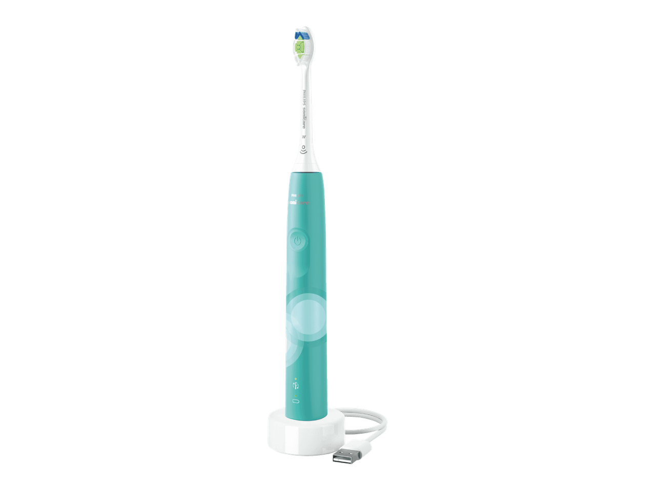 Philips Sonicare -sähköhammasharja lataustelineessä, turkoosi ja valkoinen.