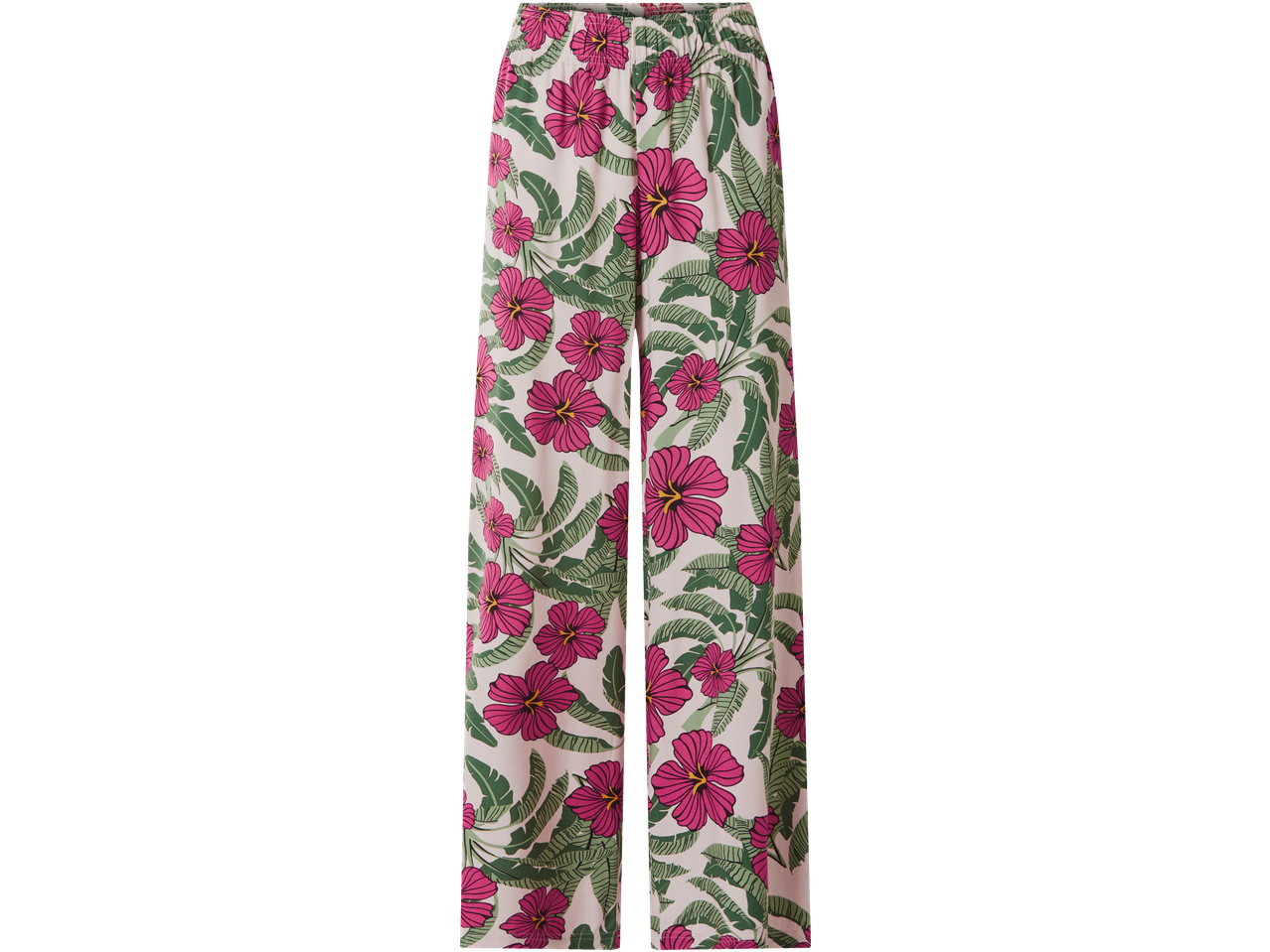 Pantaloni Palazzo ESMARA cu imprimeu floral de hibiscus roz și frunze verzi.