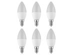 Six LED candle bulbs with E14 screw base are shown against a white background.
