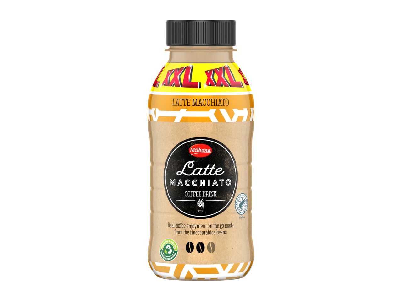 Latte Macchiato coffee drink in a bottle with a brown and yellow label.
