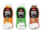 Tre Milbona High Protein drikkevarer: karamel, naturel kefir og peanut-chokolade.