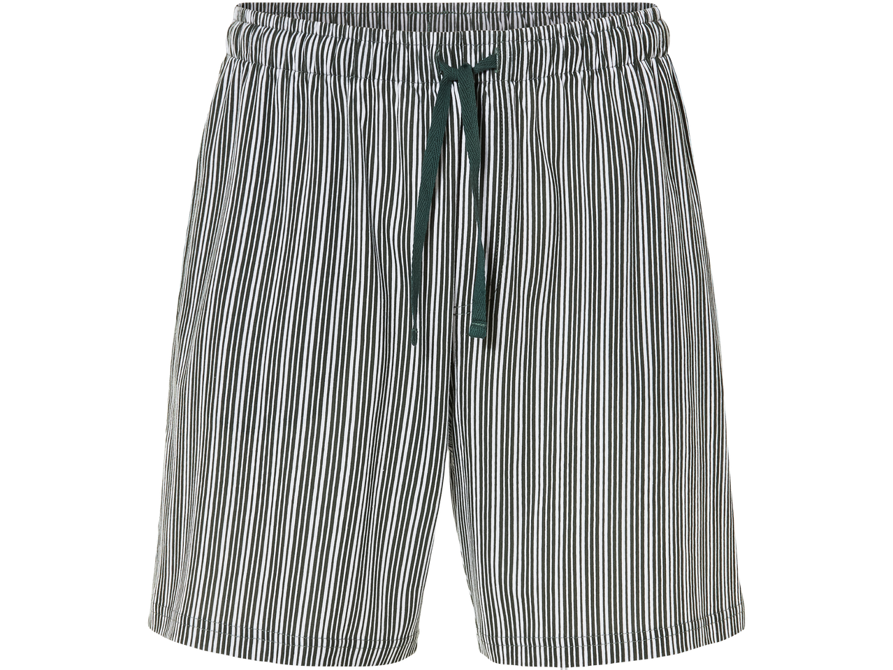 Pantaloncini corti grigi a righe verticali con laccetto verde scuro.