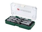 A set of nut driver bits and hex bits in a green and clear plastic case.