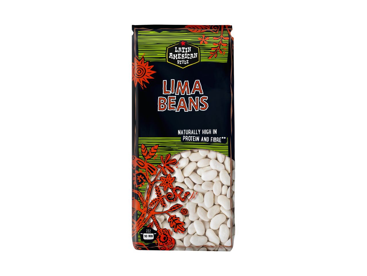 Black and green bag of Lima Beans with Latin American style design, showing beans through a window.