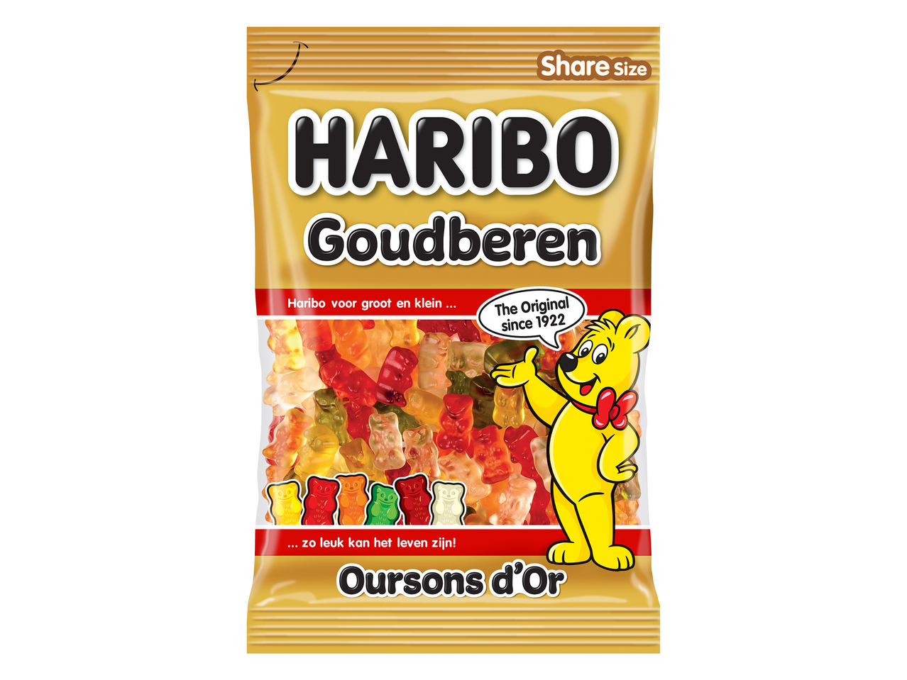 Een zak gummibeertjes in verschillende kleuren, met de tekst 'Share Size' en 'The Original since 1922'.