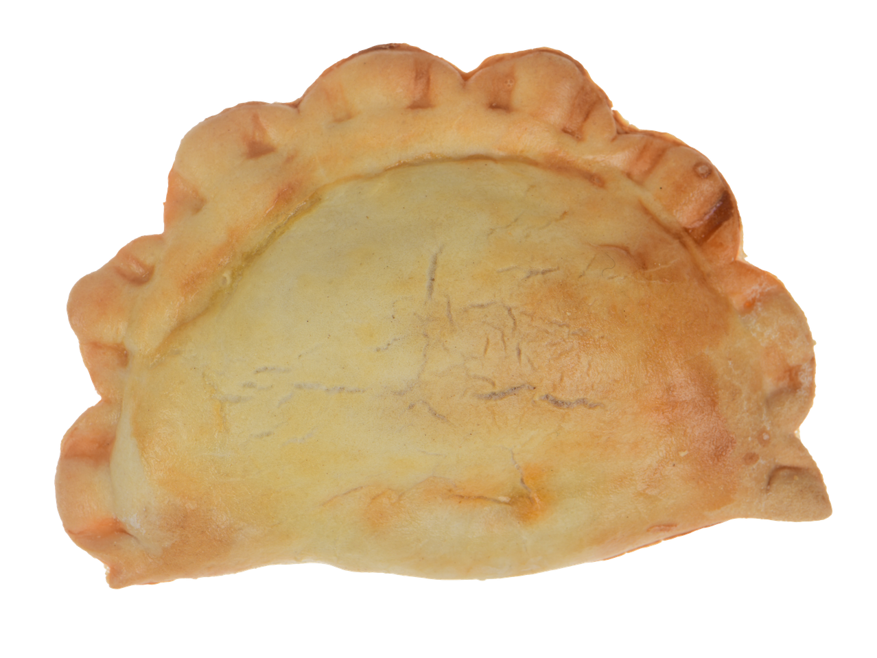 Empanada dourada com borda frisada, recheada com Al Pastor
