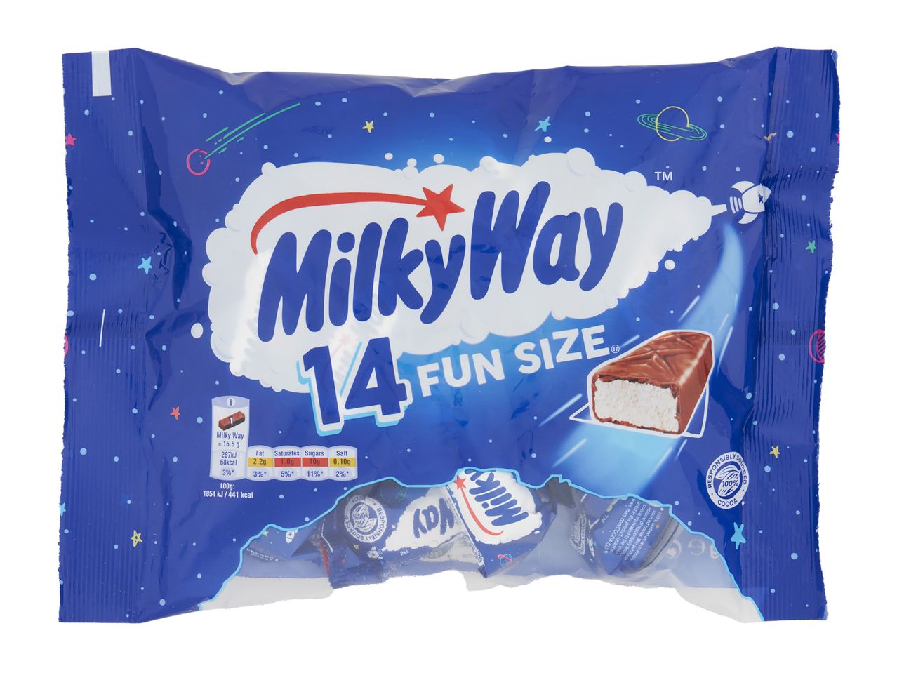 A blue bag of 14 fun size chocolate bars with a space theme.