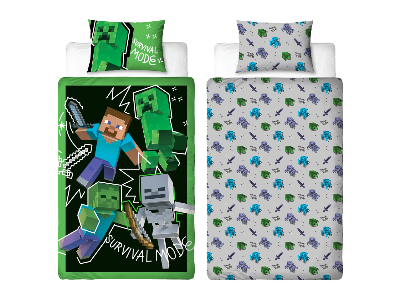 Σετ παπλωματοθήκης Minecraft με Creeper, Steve, Zombie και Skeleton, με κείμενο 'SURVIVAL MODE'.