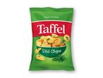 Grøn pose med dildchips og teksten 'Smager af fredag' og 'Dild Chips'.