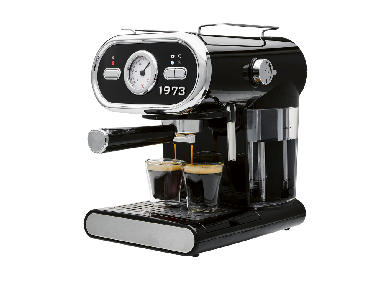 Juodas retro kavos aparatas su dviem kavos puodeliais, analoginiu ekranu ir chromo detalėmis.