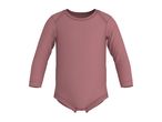 Pink long-sleeved baby bodysuit with snap closures, front view.