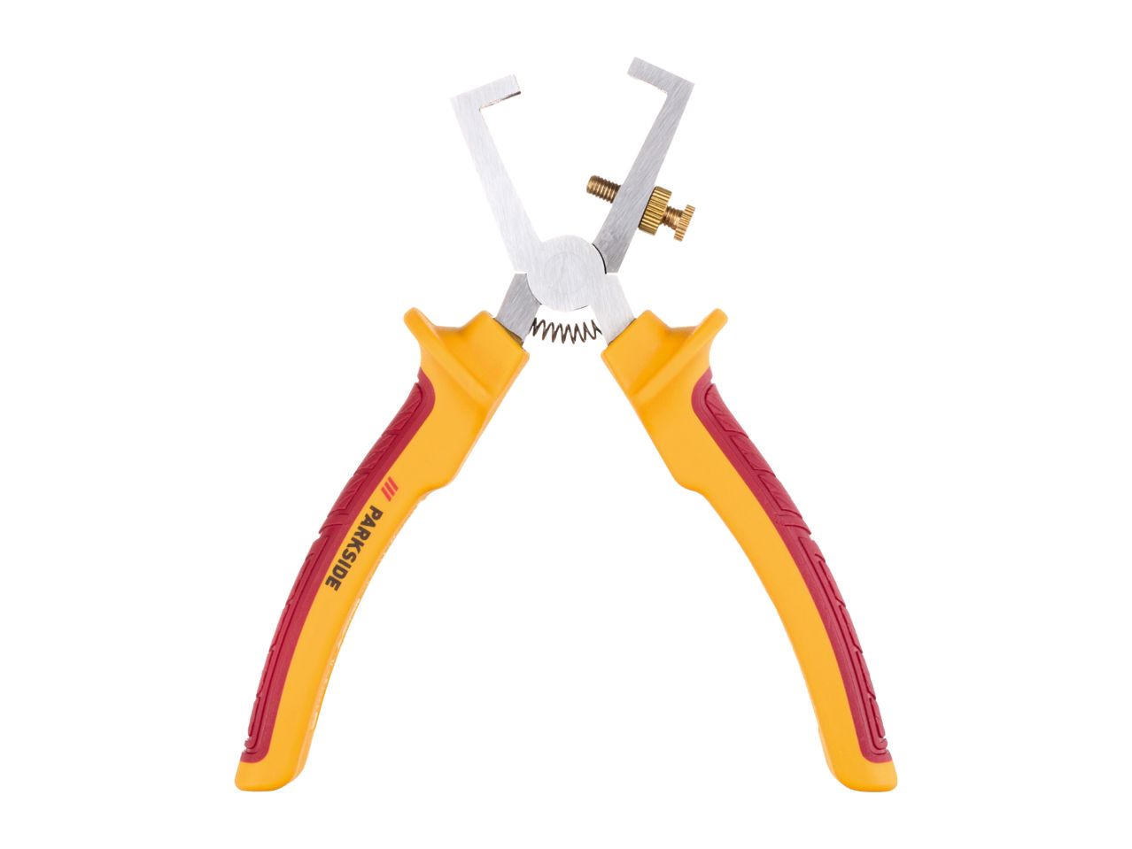 Wire stripper with yellow and red handles and a brass adjustment screw