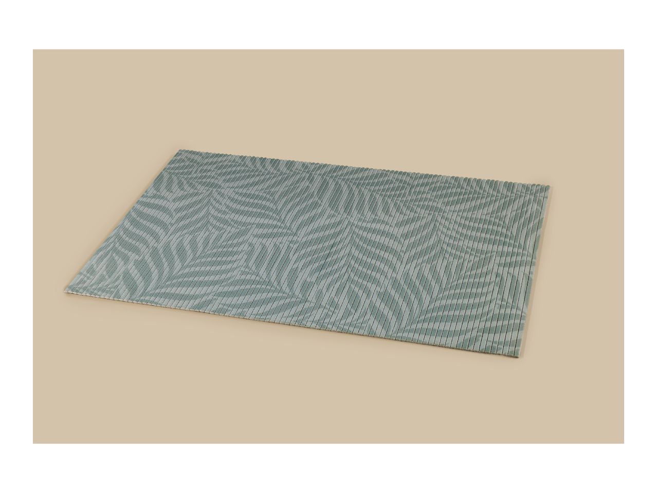 A rectangular placemat with a green palm leaf pattern on a beige background.