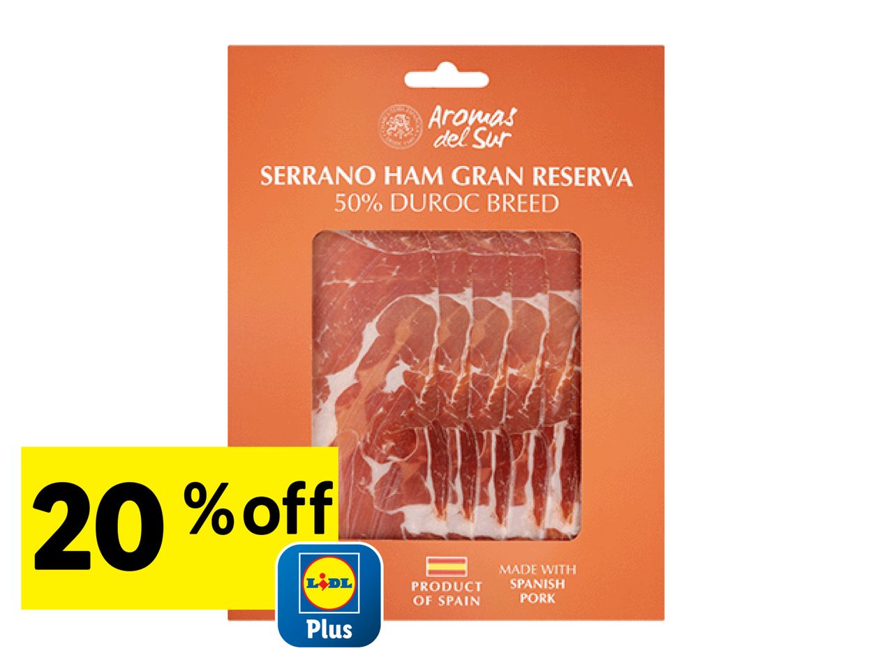 A package of Serrano ham with a 20% off discount and Lidl Plus logo.