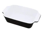 Black and white rectangular ceramic baking dish with ribbed exterior