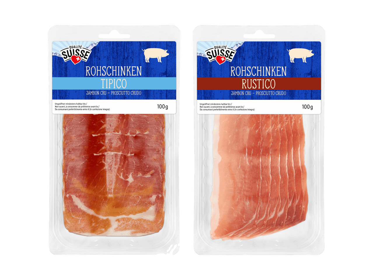 Zwei Packungen Schweizer Rohschinken, einmal 'Tipico' und einmal 'Rustico', je 100g.