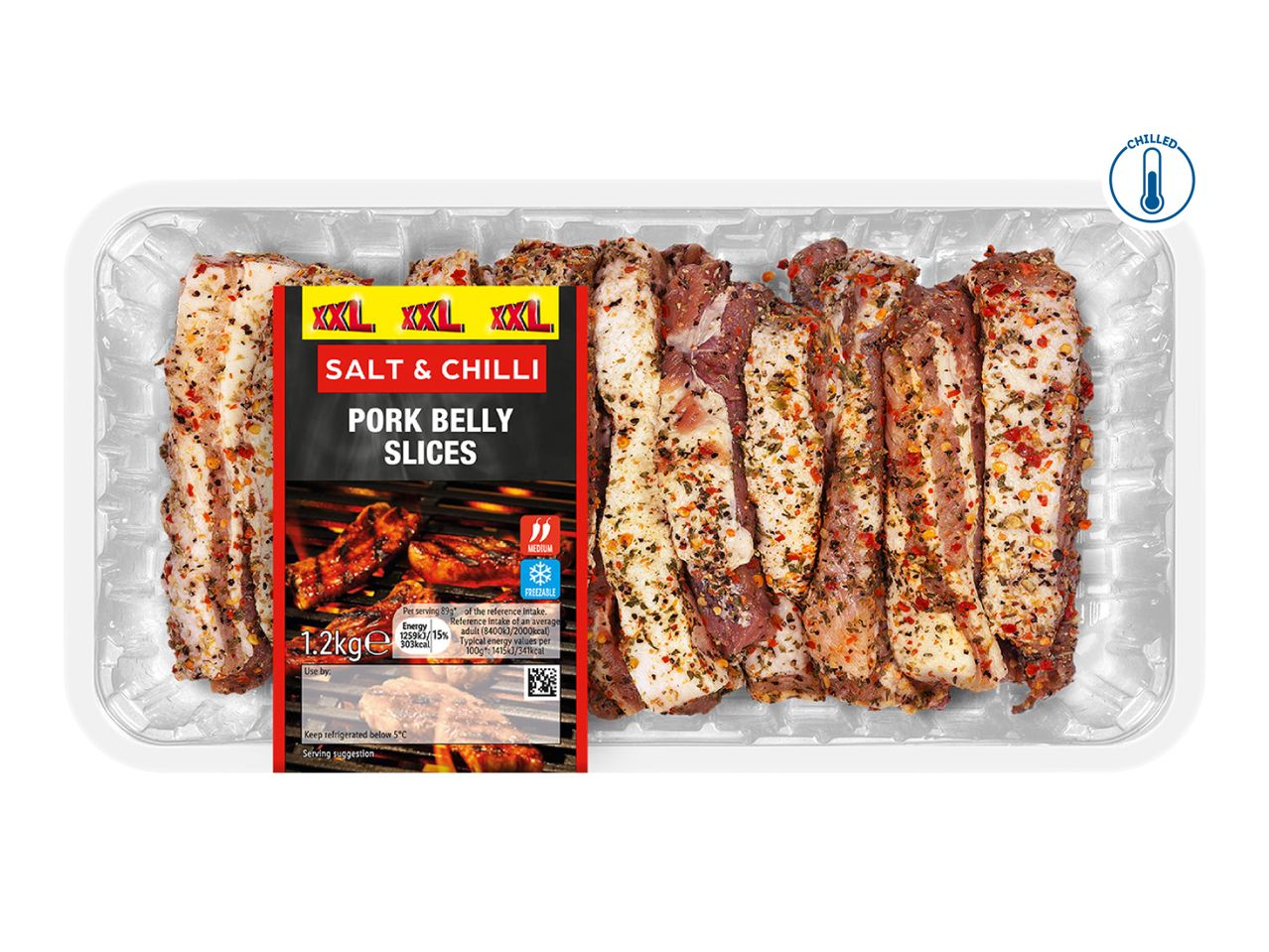 XXL Salt & Chilli Pork Belly Slices, 1.2kg, chilled and freezable.