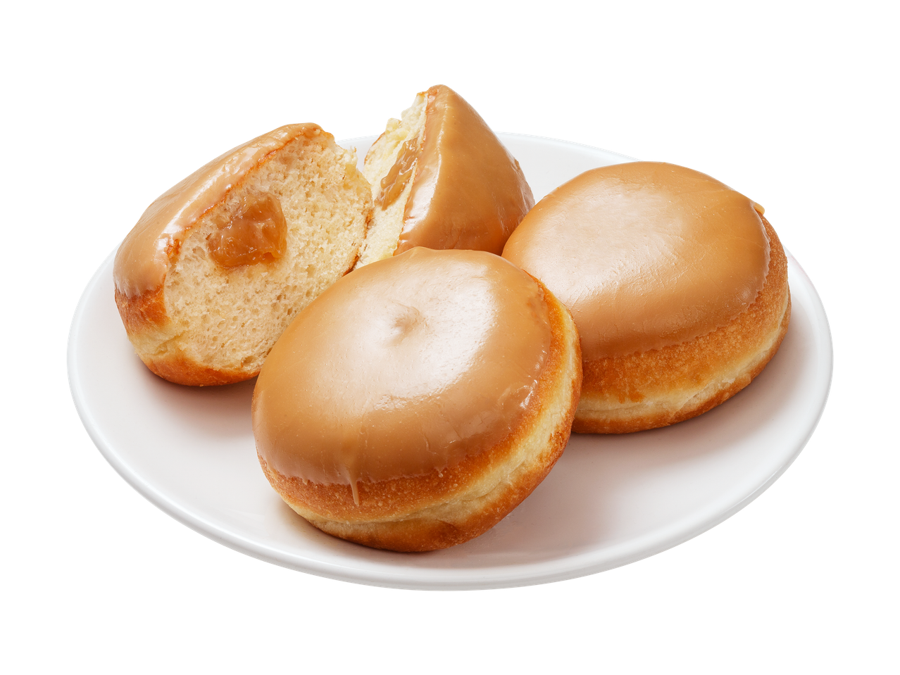 Lautasella karamellikuorrutettuja munkkeja, joista yksi on halkaistu ja täytetty.
