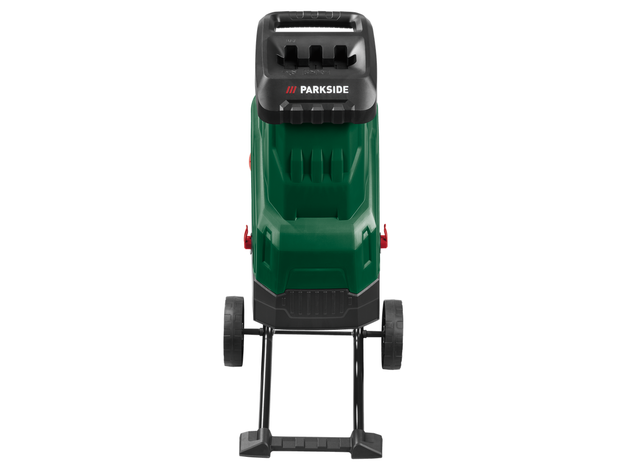 Zaļš un melns dārza smalcinātājs ar riteņiem un rokturi.