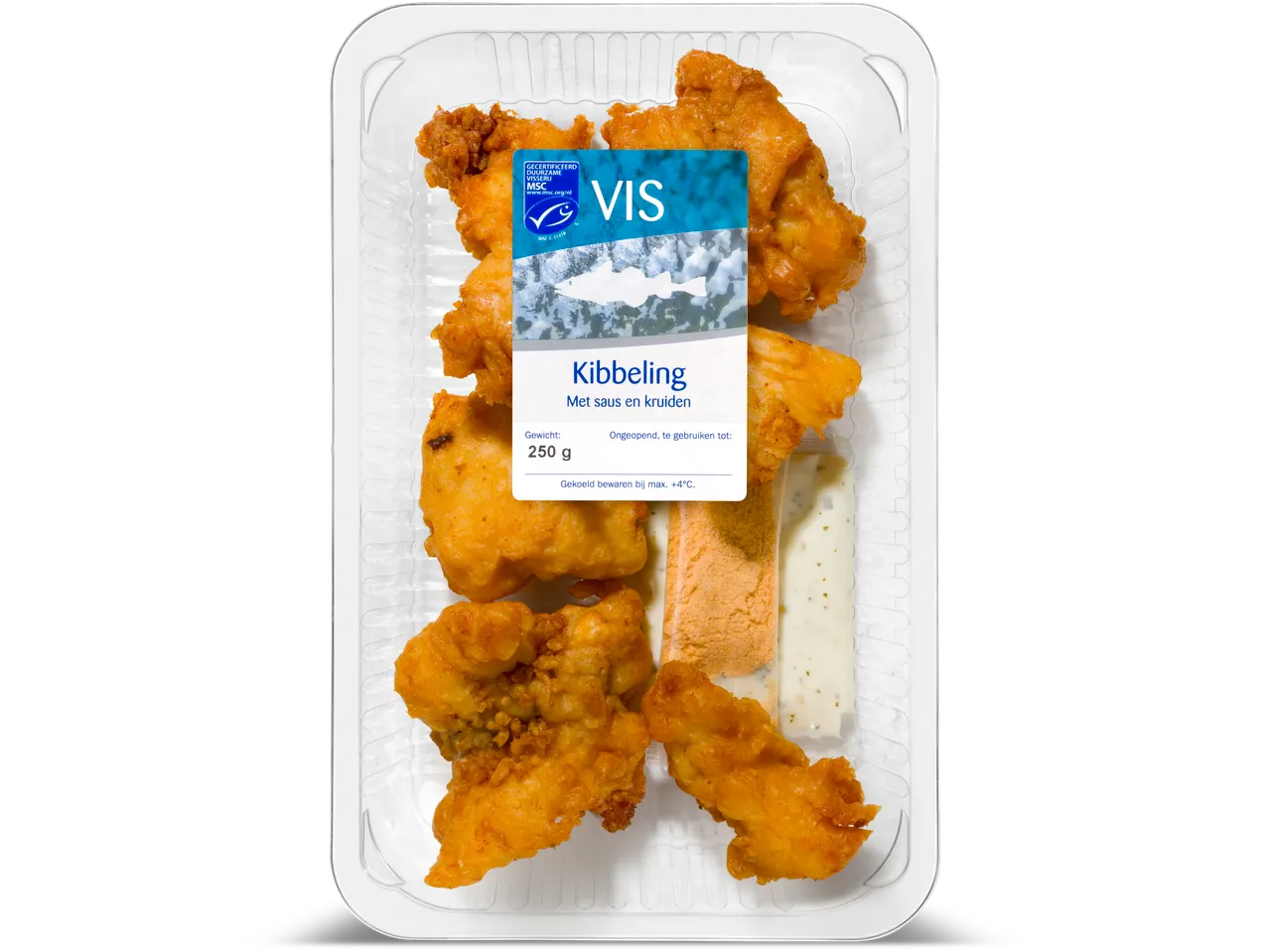 Kibbeling met saus en kruiden in een transparante plastic verpakking, 250g.
