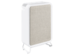 Purificator de aer LIVARNO alb cu panou frontal din țesătură bej și picioare metalice.