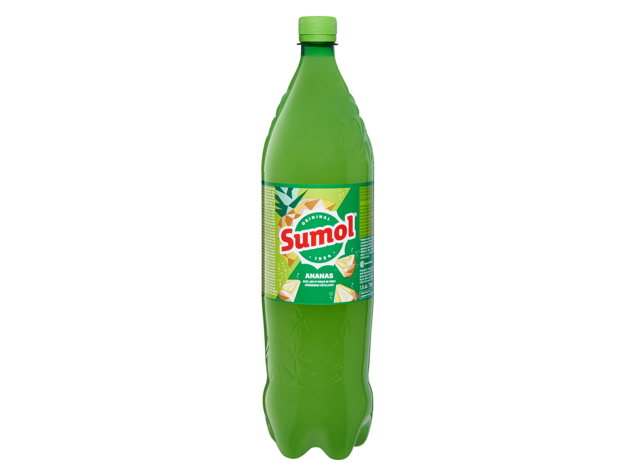 Garrafa de refrigerante Sumol Ananás com rótulo e tampa verdes.