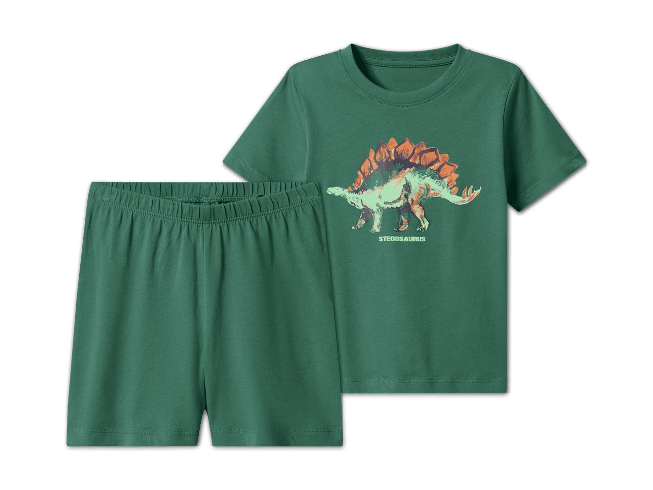 Grünes Pyjama-Set mit Stegosaurus-Aufdruck auf dem T-Shirt und passenden Shorts.