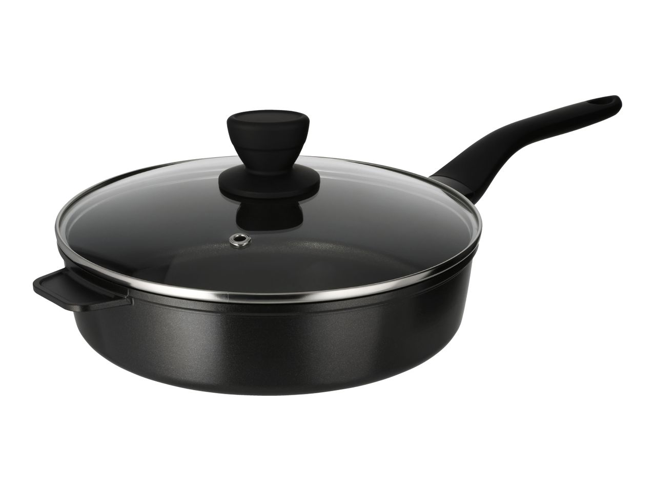 Black frying pan with a glass lid and a long handle, viewed from an angle.