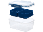 Sistema lunch box with a clear base, blue divided insert, and clear lid with blue clips.