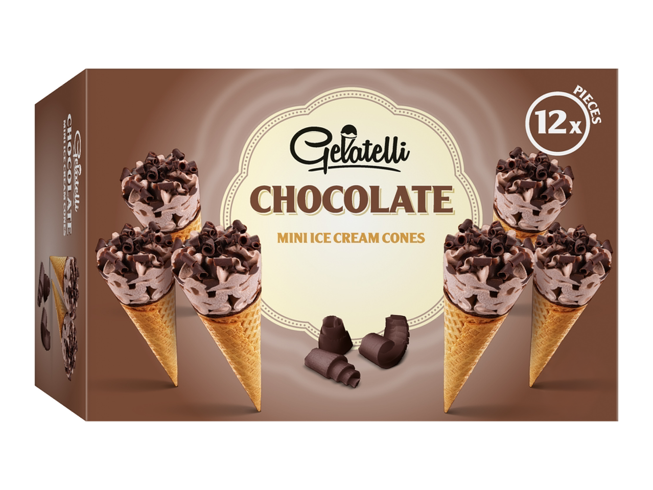 Boîte de 12 mini cornets de glace au chocolat, avec des copeaux de chocolat.